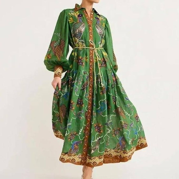Commense Boho Maxi Dress Green Peacock Print Long‎ Sleeve Shirt Dress Size L - Picture 1 of 16